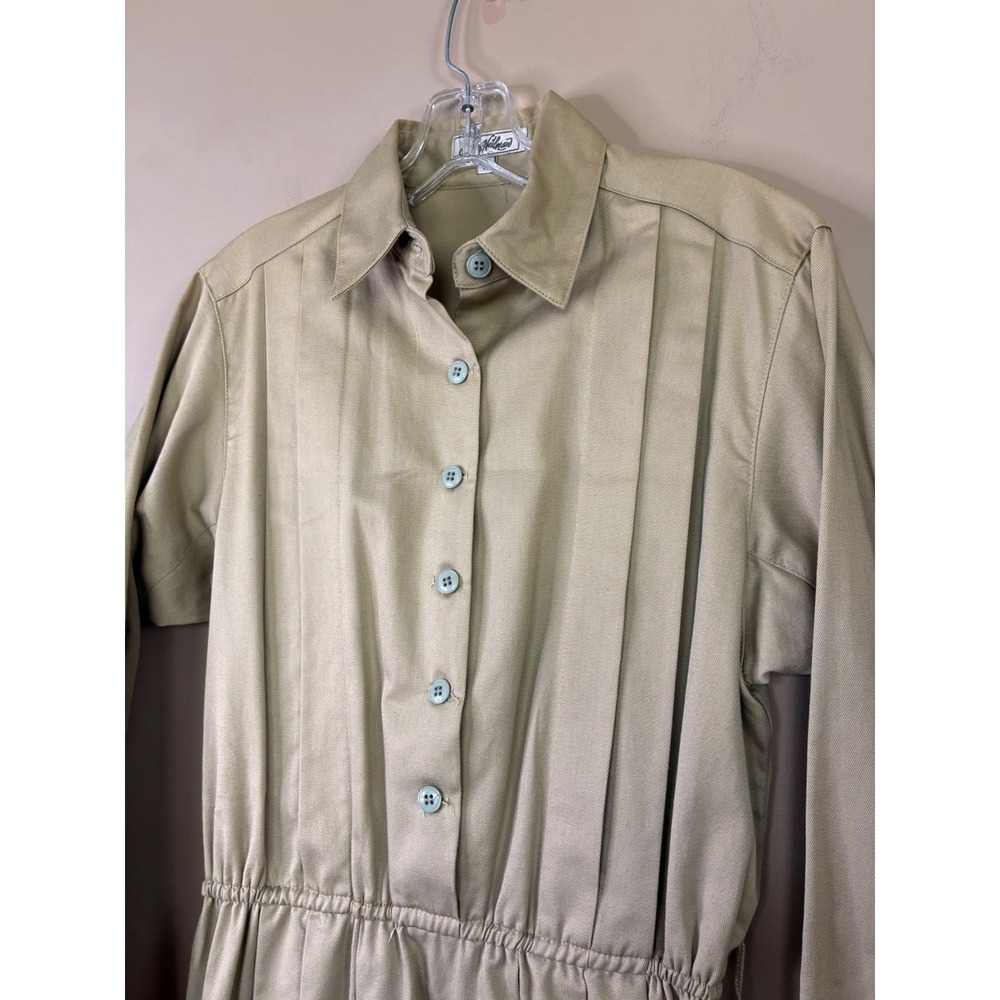 Vintage Jim Heilman Khaki Tan Pleated Shirt Dress Long Sleeve Midi Pockets Sz 10 - Picture 9 of 10